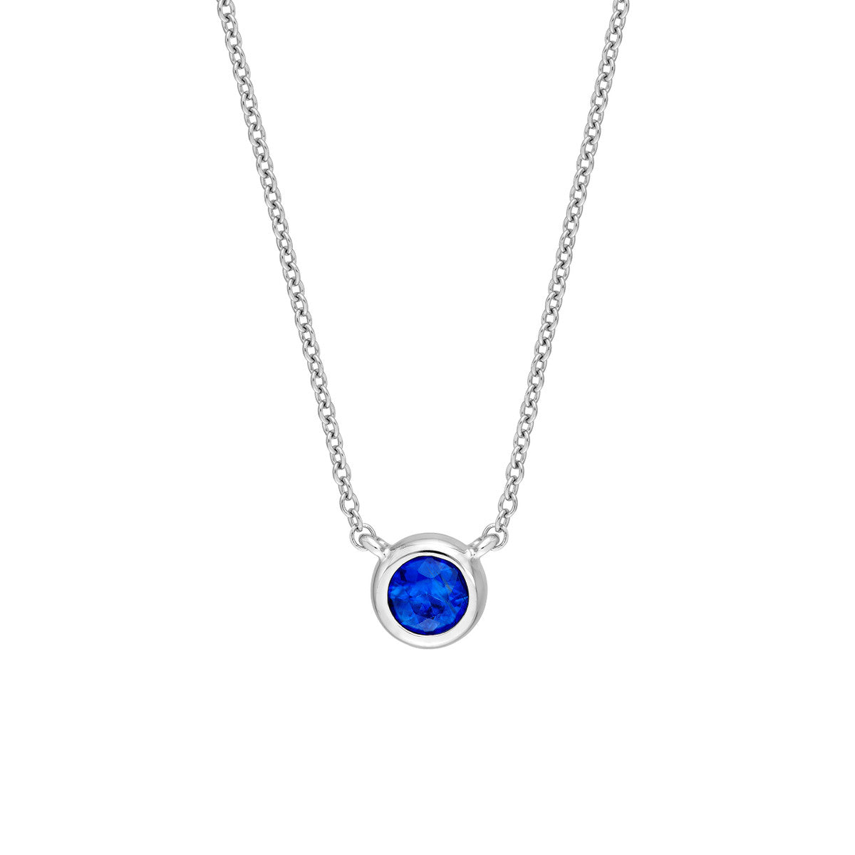 14K WHITE GOLD BEZEL-SET SOLITAIRE SAPPHIRE PENDANT NECKLACE
