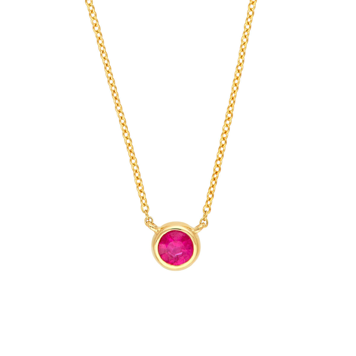 14K YELLOW GOLD BEZEL-SET SOLITAIRE RUBY PENDANT NECKLACE