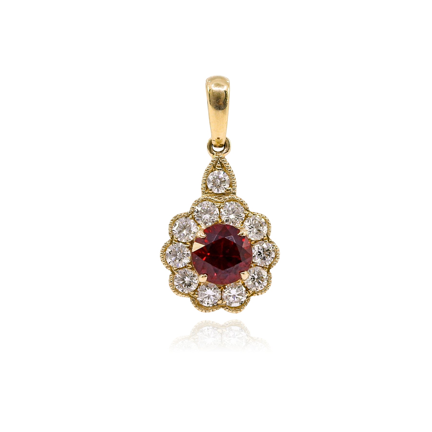 14K YELLOW GOLD RUBY DIAMOND HALO PENDANT - 0.38CTW