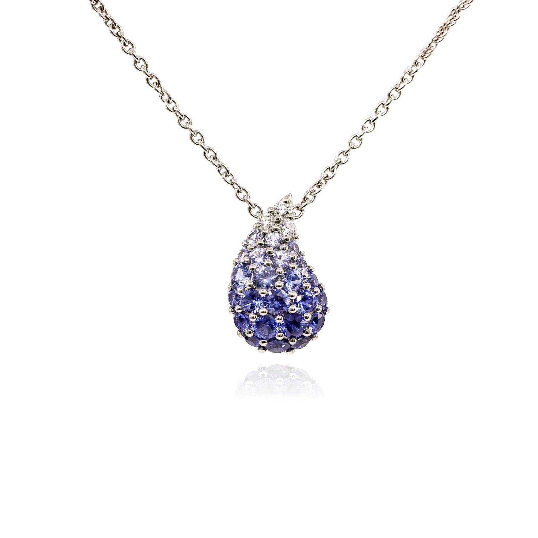 18K WHITE GOLD MARK PATTERSON SAPPHIRE AND DIAMOND OMBRE TEARDROP PENDANT NECKLACE