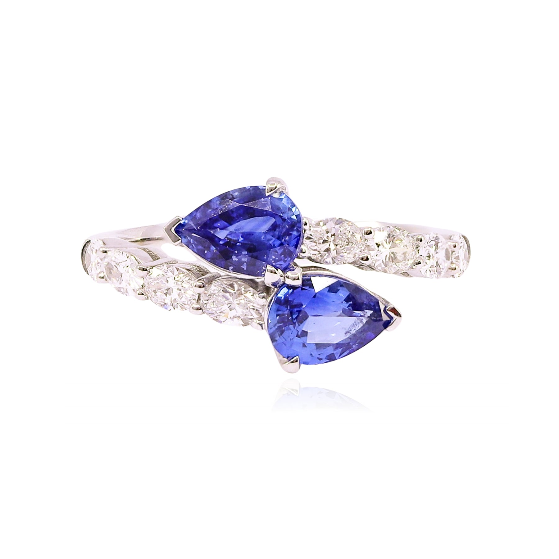14K WHITE GOLD TEARDROP BLUE SAPPHIRE DIAMOND BYPASS RING