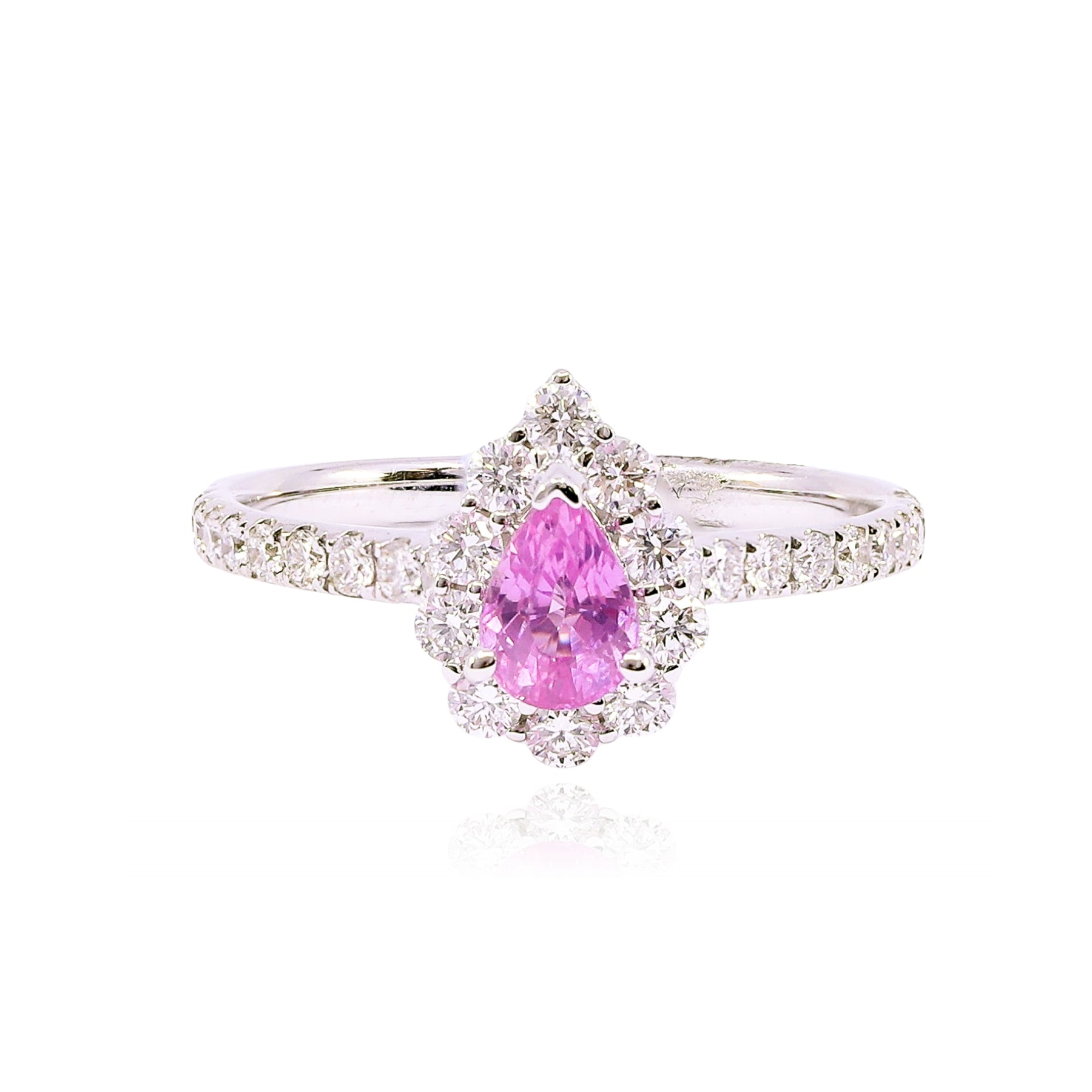18K WHITE GOLD TEARDROP PINK SAPPHIRE DIAMOND HALO RING  242-02245