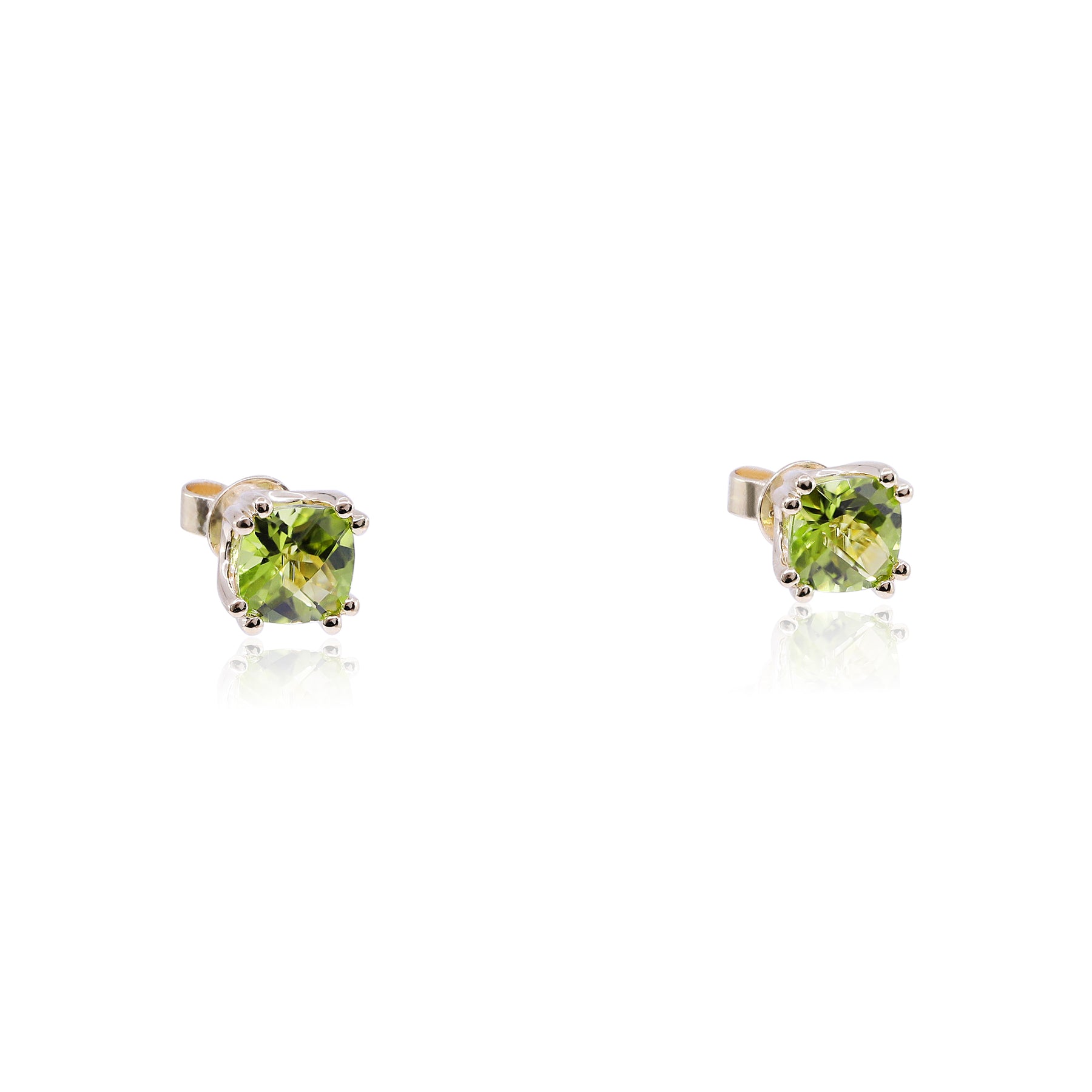14K YELLOW GOLD ANTIQUE CUSHION-CUT CHECKERBOARD DOUBLE PRONG PERIDOT STUD EARRINGS