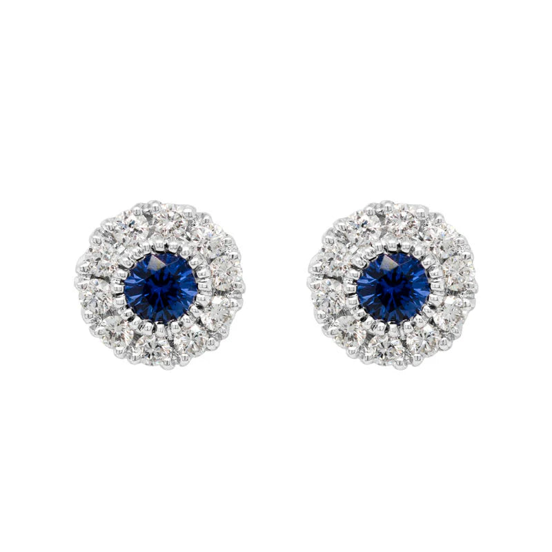 14K WHITE GOLD SAPPHIRE DIAMOND HALO STUD EARRINGS 