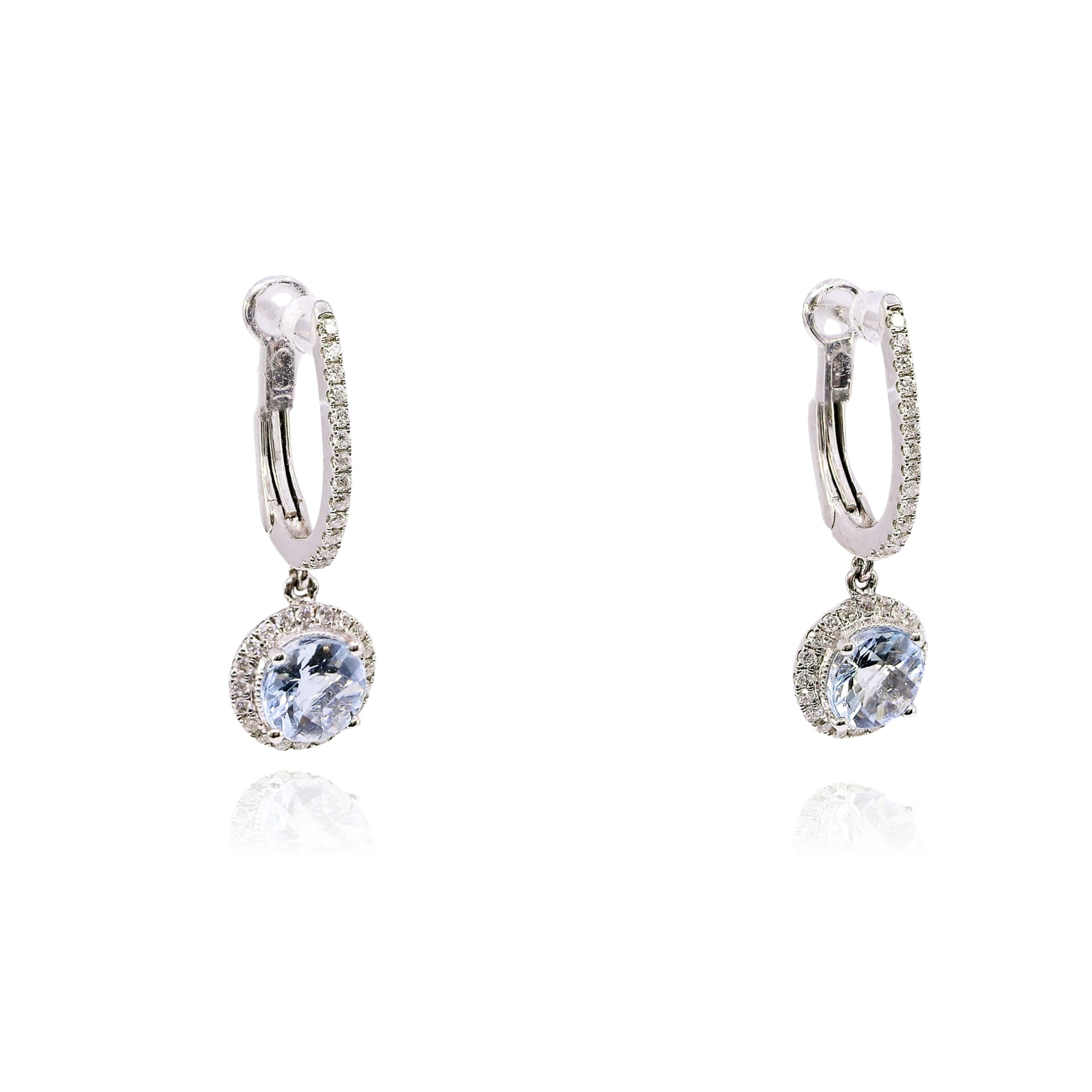 14K WHITE GOLD AQUAMARINE DIAMOND HALO DANGLE EARRINGS - 0.40CTW