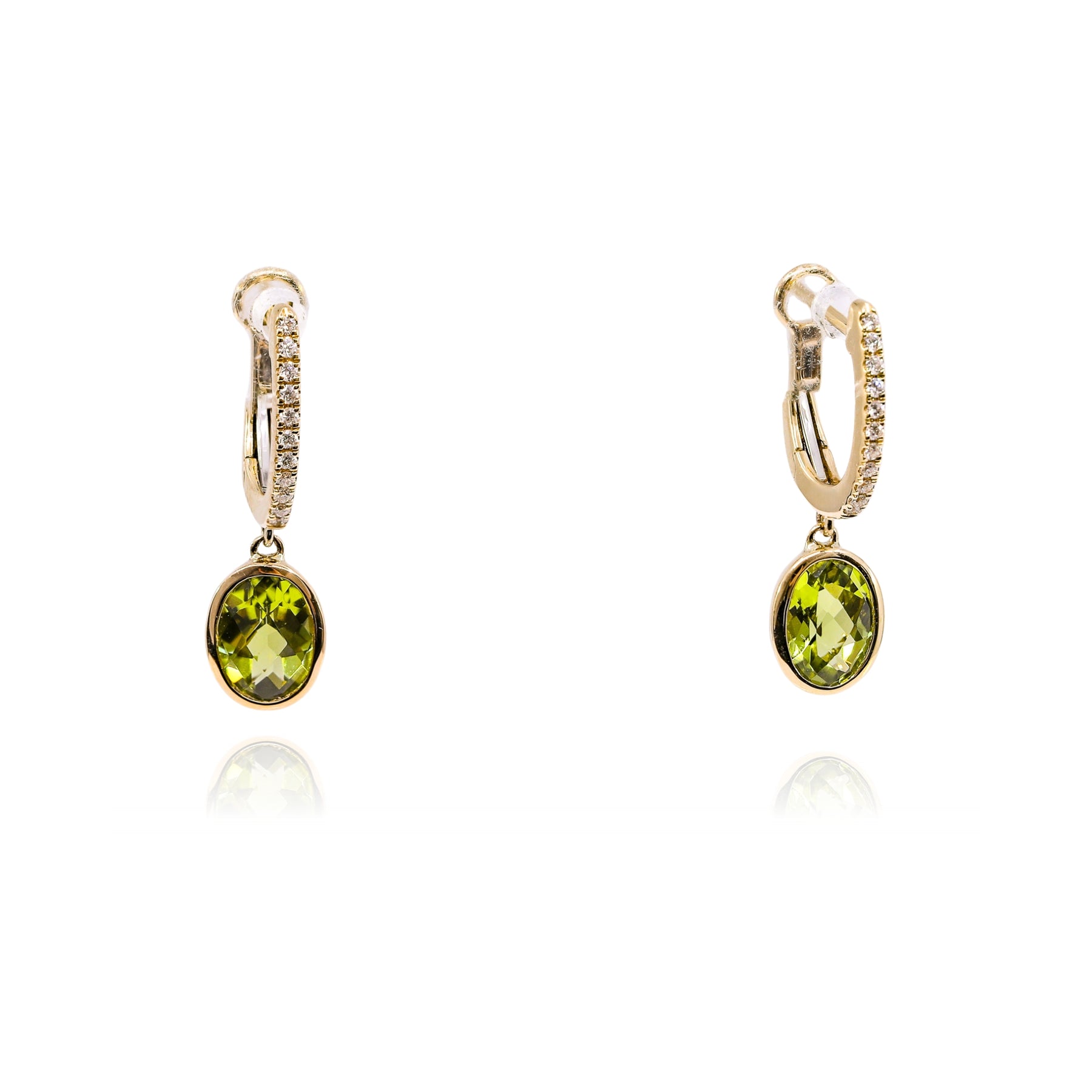 14K YELLOW GOLD PERIDOT AND DIAMOND HOOP DANGLE EARRINGS