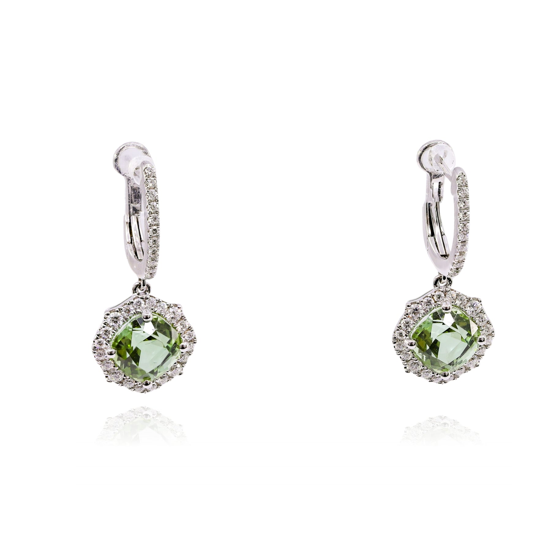 14K WHITE GOLD GREEN TOURMALINE DIAMOND HALO DANGLE EARRINGS - 0.43CTW