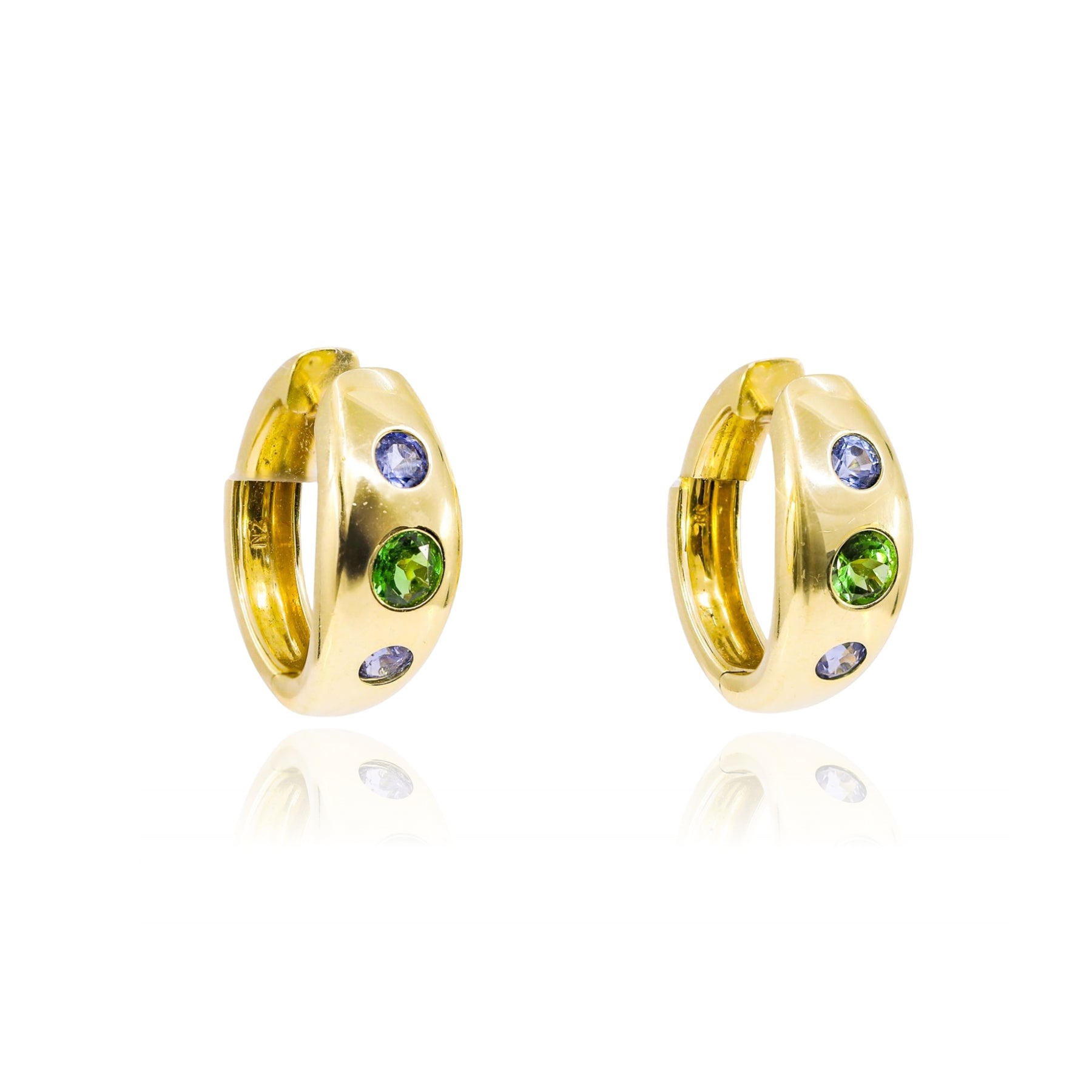 LAUREN K 18K YELLOW GOLD TSAVORITE GARNET AND SAPPHIRE HOOP EARRINGS