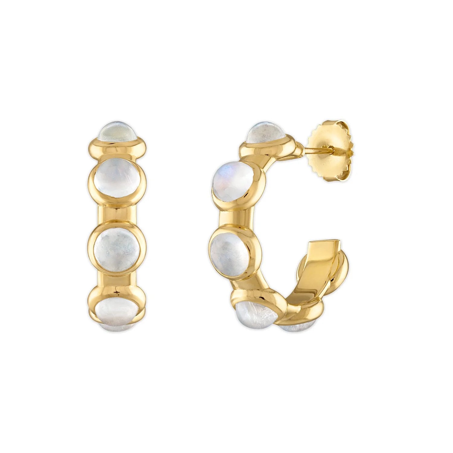 JADE RUZZO 18K YELLOW GOLD RAINBOW MOONSTONE HOOP EARRINGS