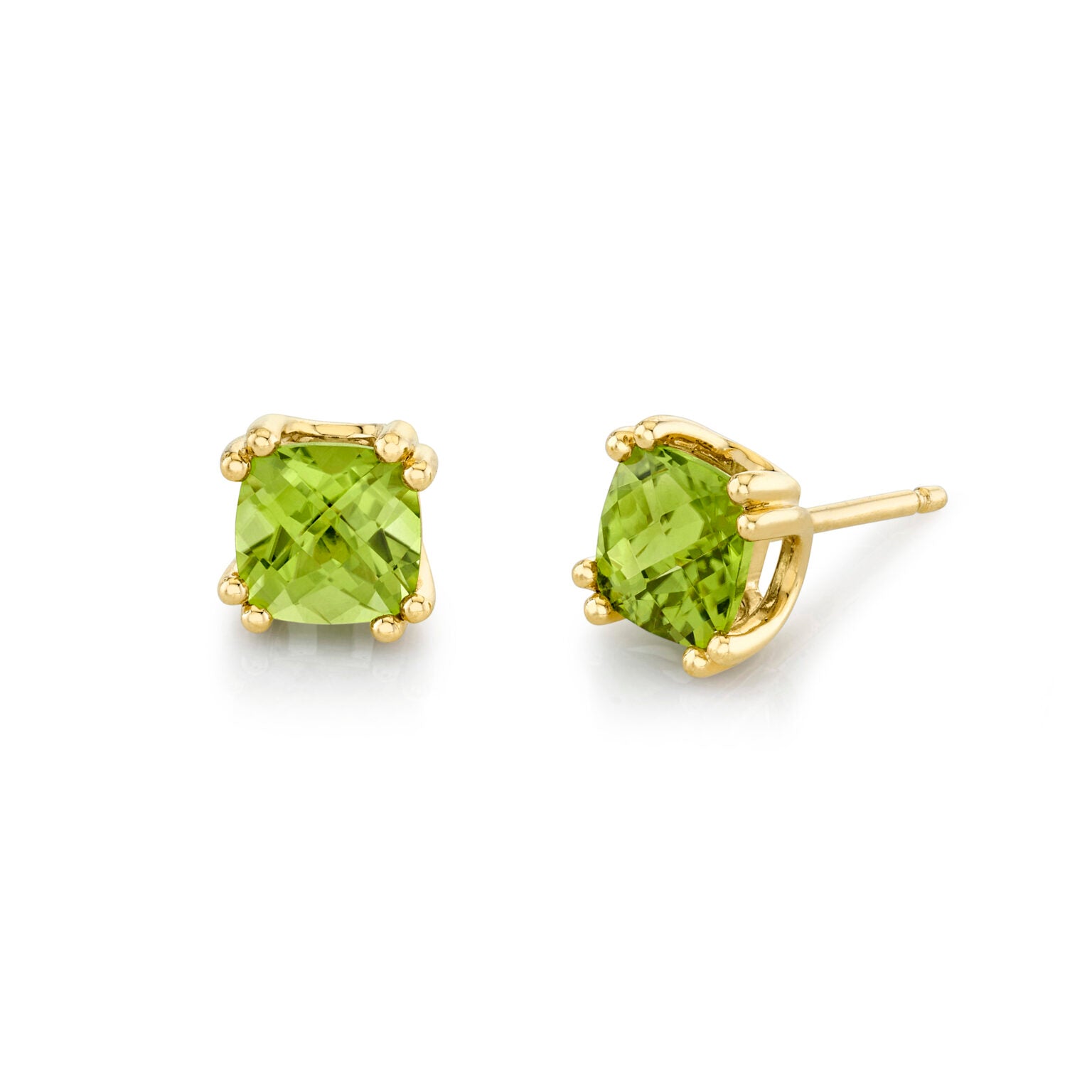 14K YELLOW GOLD ANTIQUE CUSHION-CUT CHECKERBOARD DOUBLE PRONG PERIDOT STUD EARRINGS