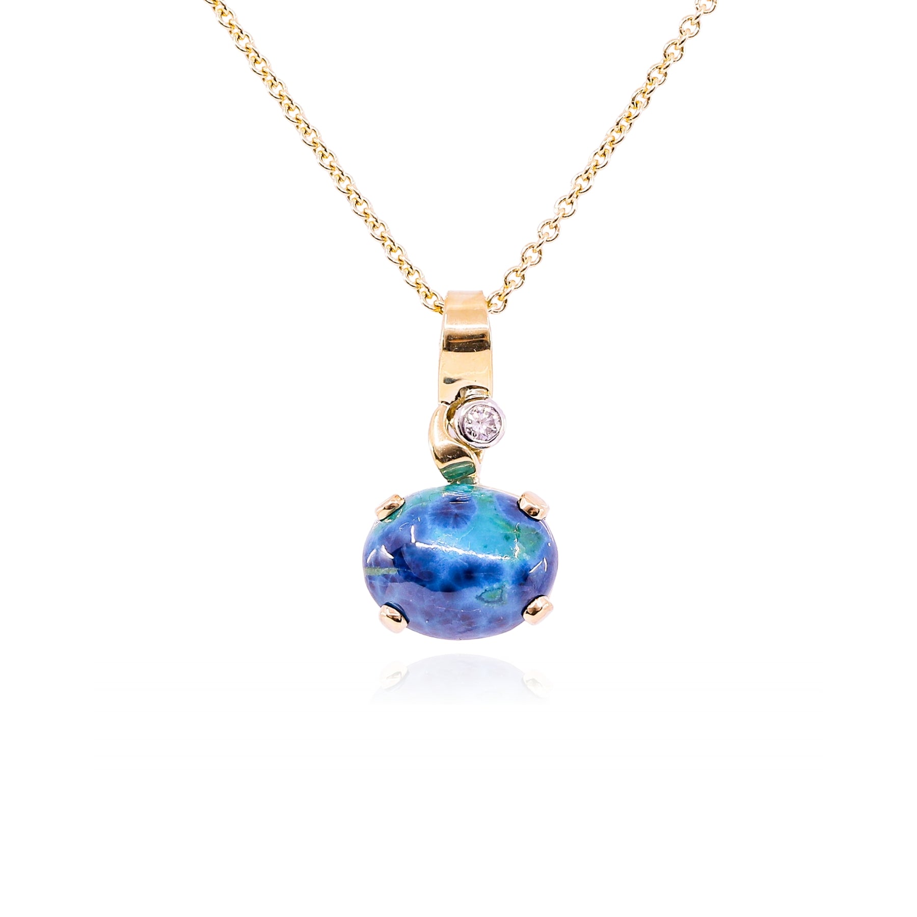 BRIAN KEENEY DESIGN 18K YELLOW GOLD OVAL CABOCHON AZURMALACHITE CHRYSOCOLLA DIAMOND NECKLACE