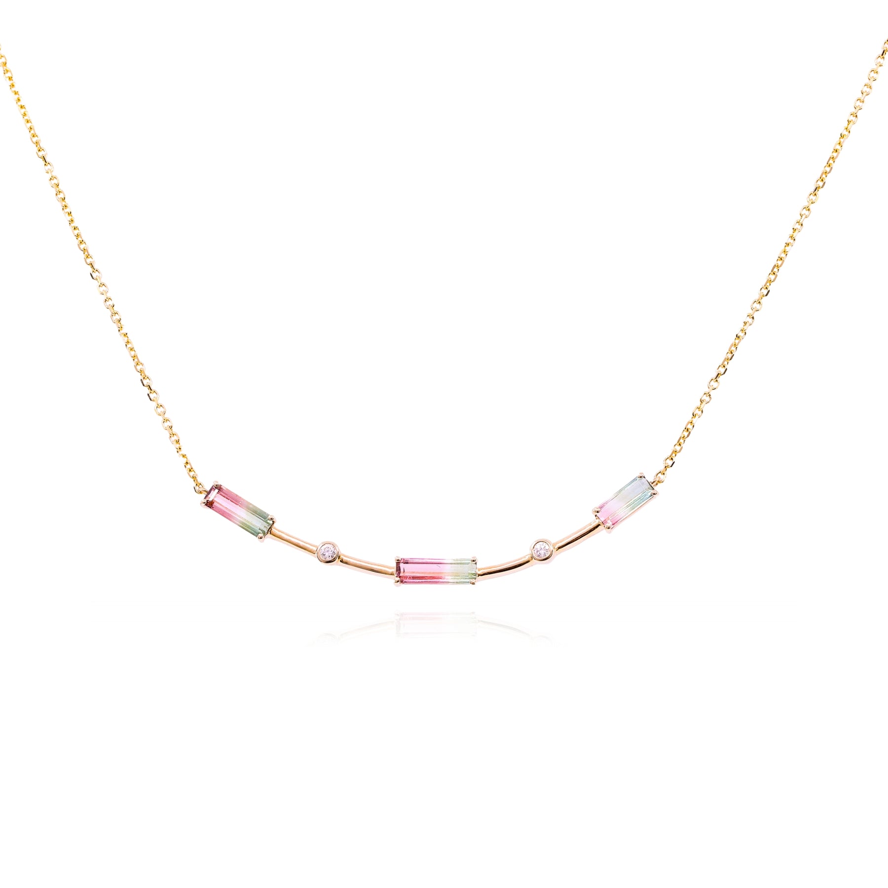 14K YELLOW GOLD WATERMELON TOURMALINE AND DIAMOND CURVED BAR NECKLACE