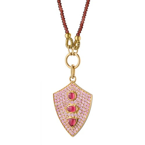 MONICA RICH KOSANN 18K YELLOW GOLD PINK SAPPHIRE AND GARNET SHIELD CHARM NECKLACE