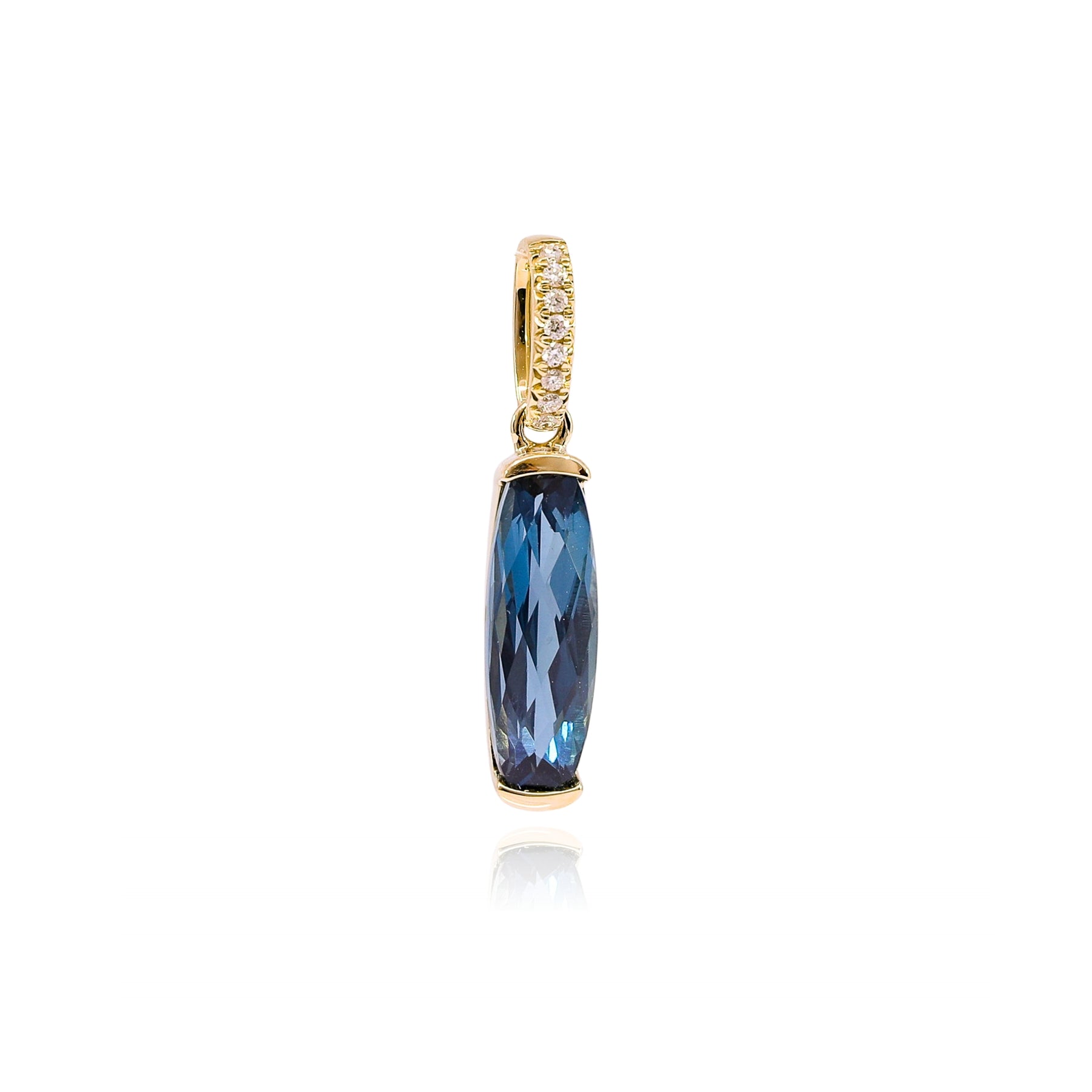 14K YELLOW GOLD ELONGATED CUSHION CUT LONDON BLUE TOPAZ PENDANT  246-03978