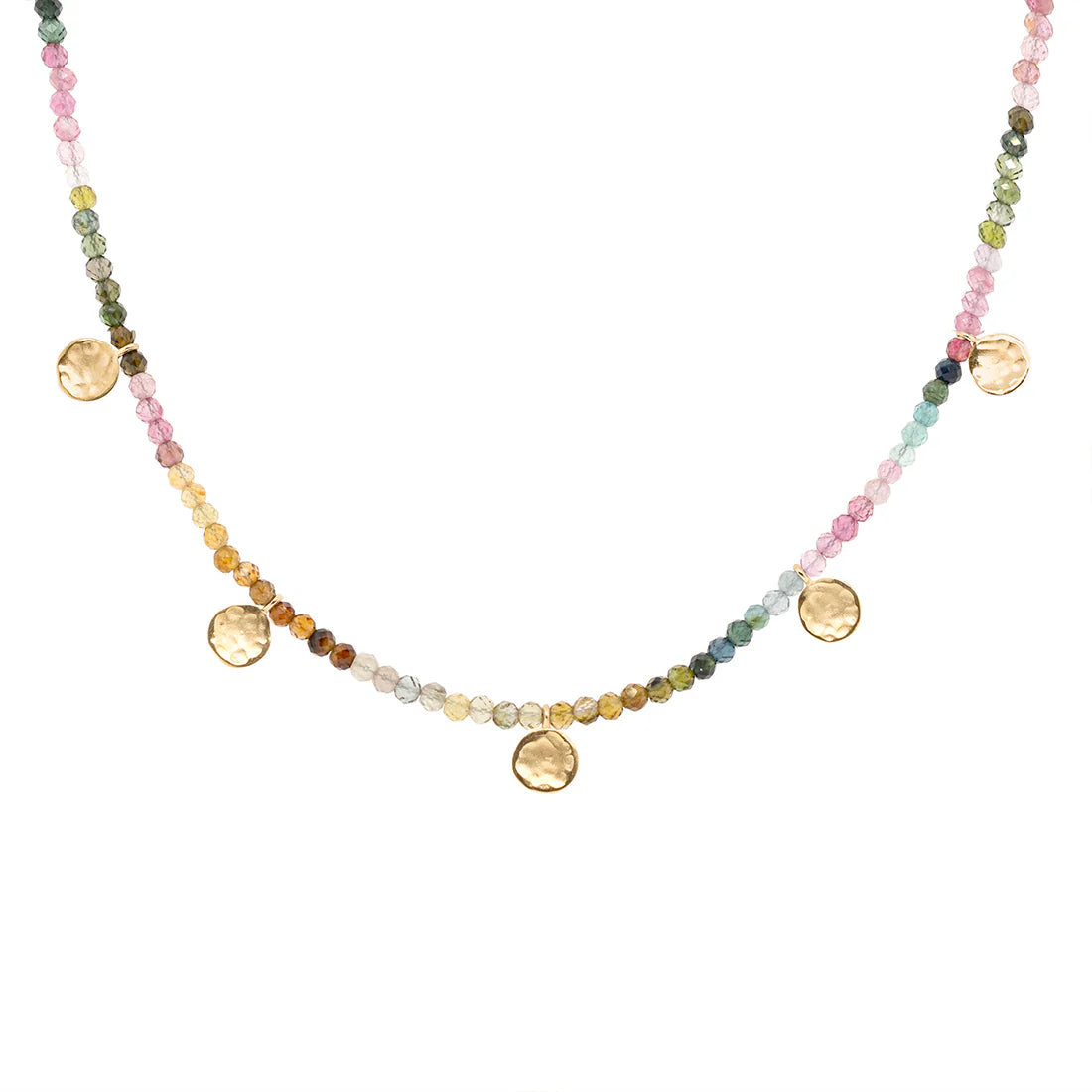 ANNE SPORTUN 18K YELLOW GOLD HAMMER DISC WATERMELON TOURMALINE BEADED NECKLACE  246-04048