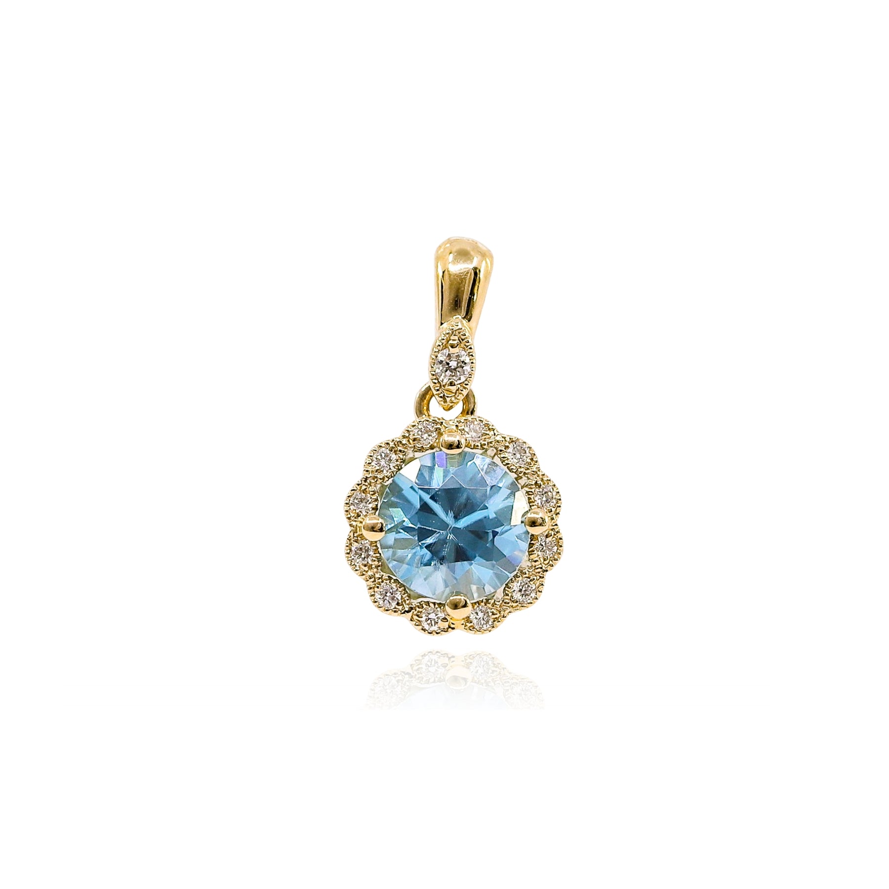 14K YELLOW GOLD BLUE ZIRCON DIAMOND HALO PENDANT  246-04212