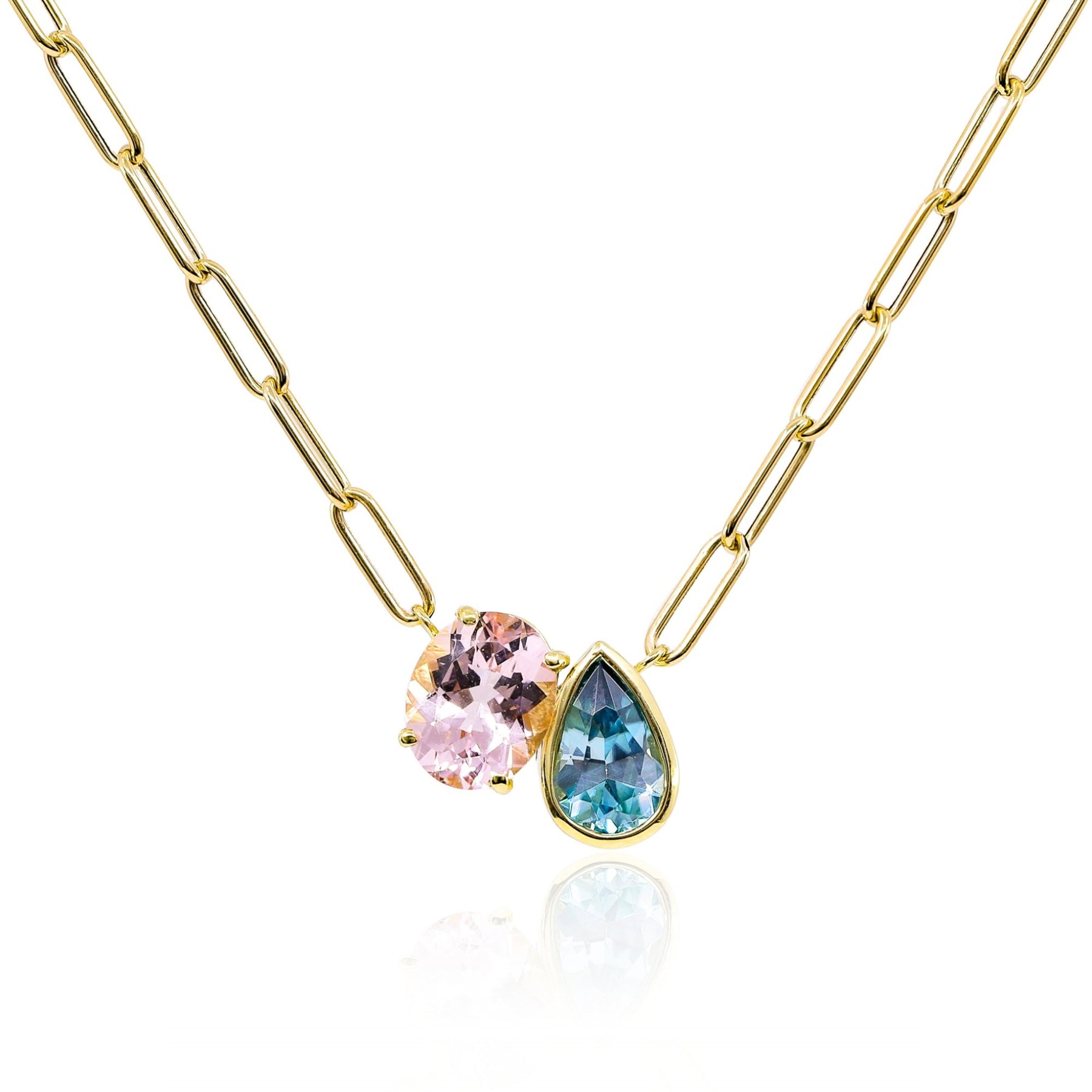 LAUREN K 18K YELLOW GOLD BEA TWO-STONE PINK SAPPHIRE AND BLUE ZIRCON NECKLACE