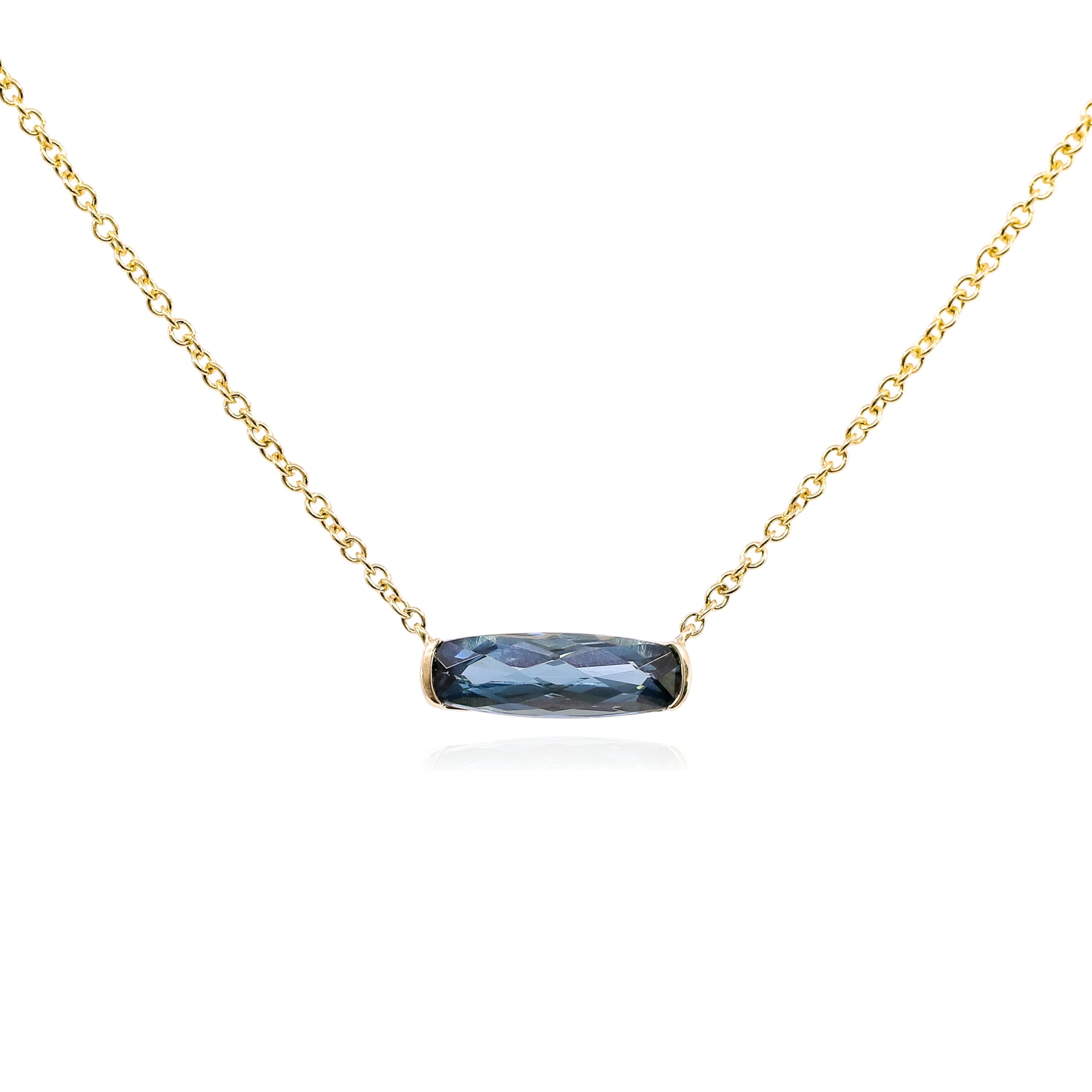 14K YELLOW GOLD EAST-WEST CUSHION CUT LONDON BLUE TOPAZ NECKLACE