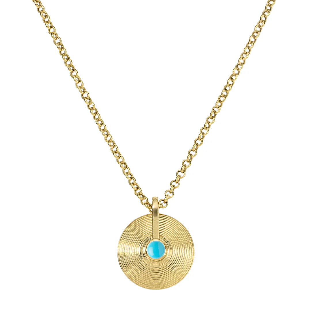JADE RUZZO 18K YELLOW GOLD TURQUOISE CYMBAL PENDANT NECKLACE