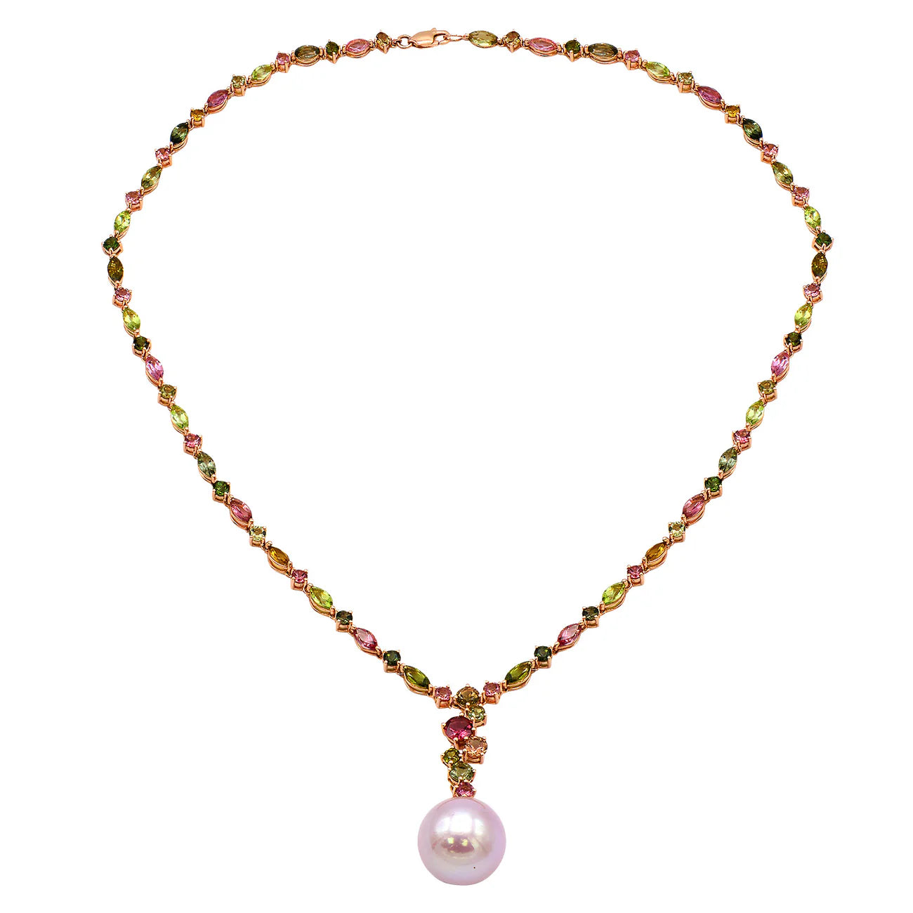 18K ROSE GOLD TOURMALINE AND PINK FRESHWATER PEARL DROP NECKLACE N015213-2
