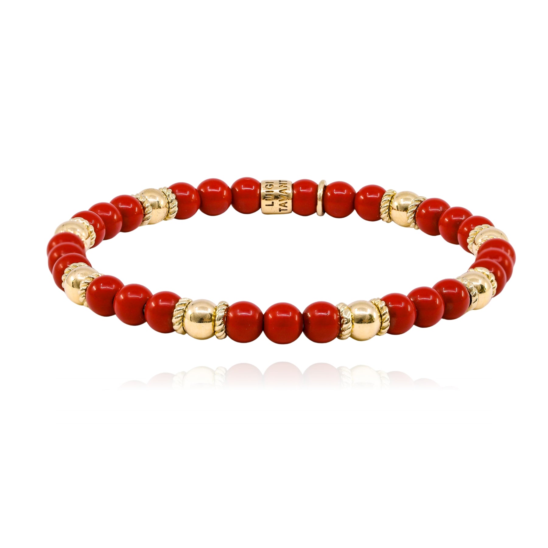 LUIGI TAVANTI 14K YELLOW GOLD RED BEAD STRETCH BRACELET