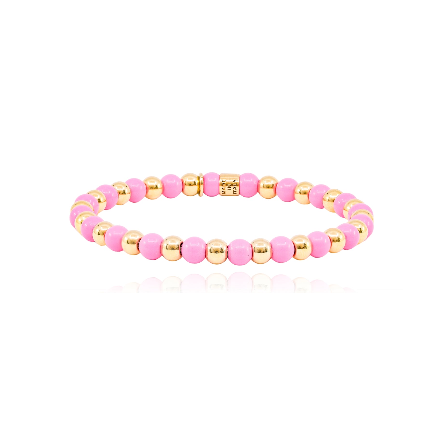 LUIGI TAVANTI 18K YELLOW GOLD PINK BEAD STRETCH BRACELET