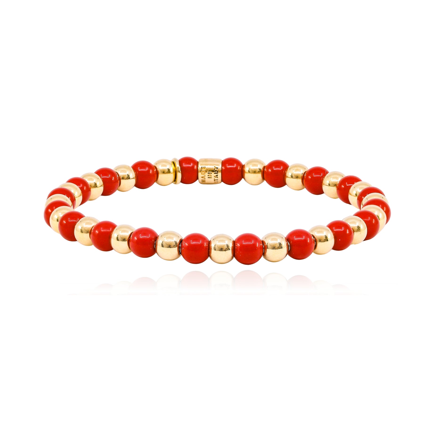 LUIGI TAVANTI 18K YELLOW GOLD RED BEAD STRETCH BRACELET