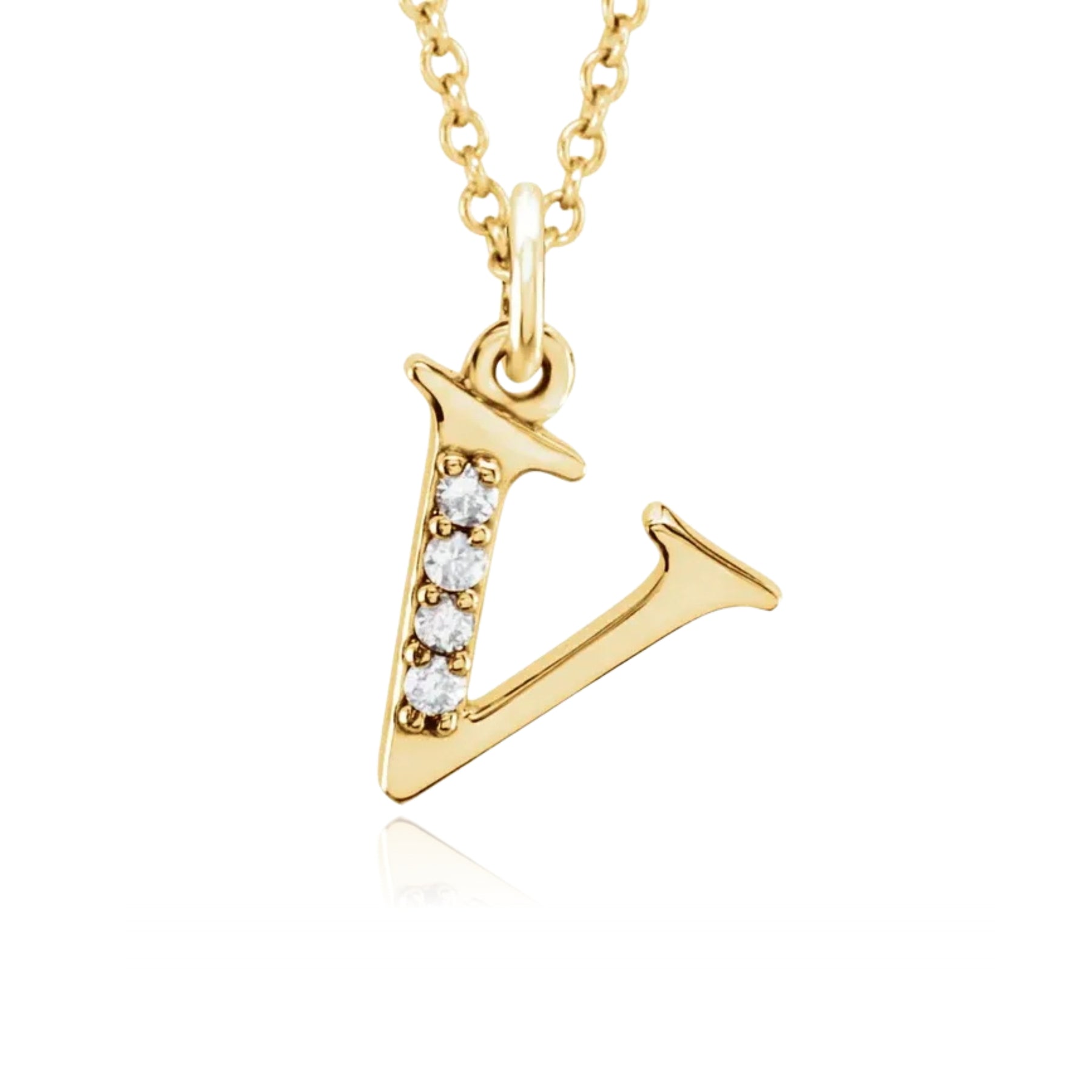 14K YELLOW GOLD DIAMOND "V" INITIAL NECKLACE