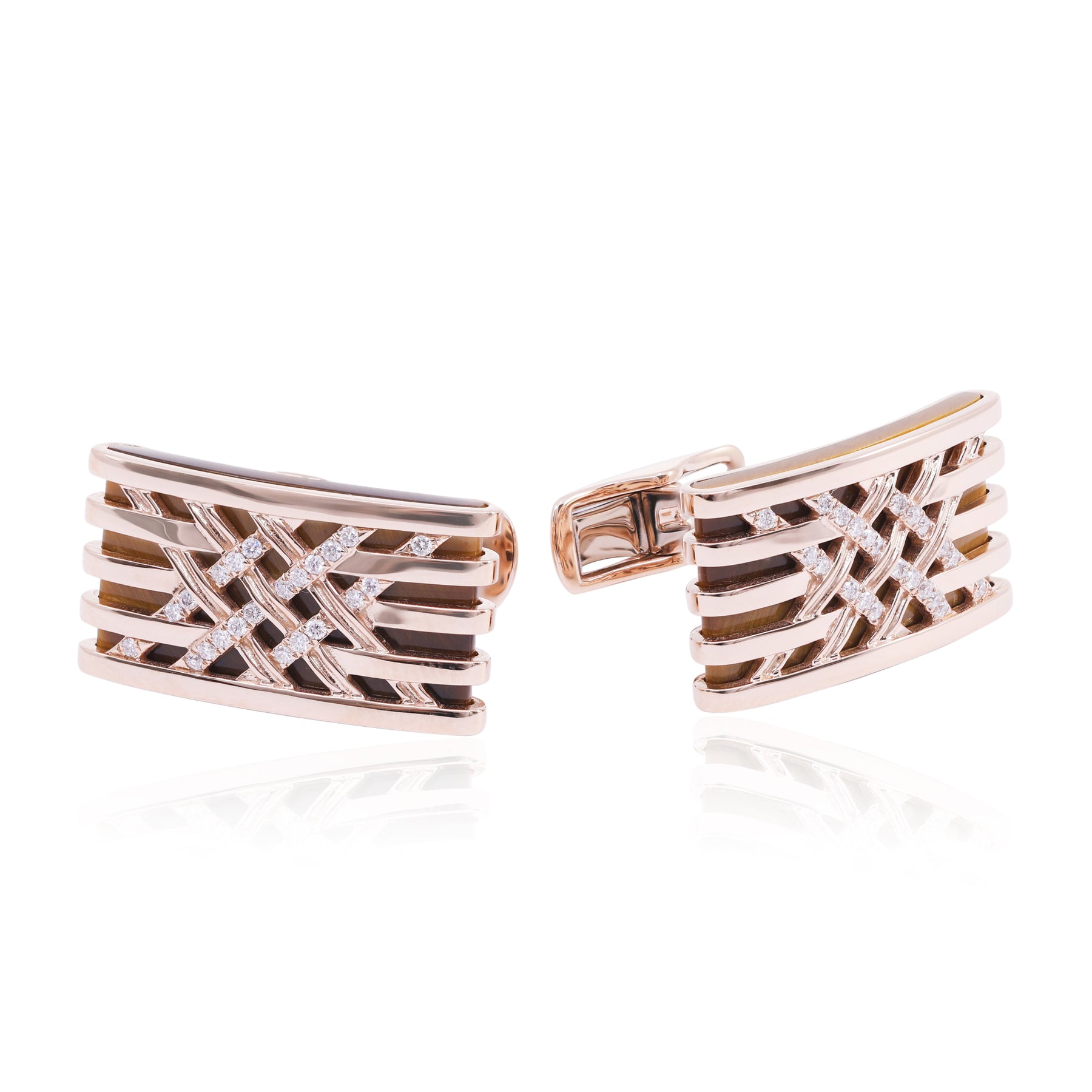 18K ROSE GOLD TIGER EYE AND DIAMOND RECTANGULAR CUFFLINKS WITH DIAMONDS VIU:5057E