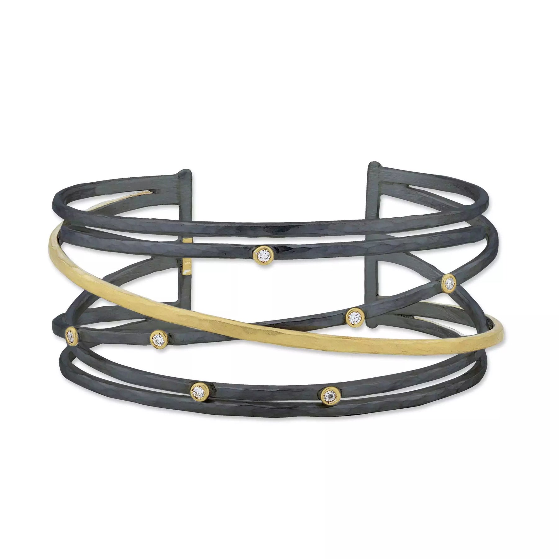LIKA BEHAR HAMMERED 24K YELLOW GOLD AND STERLING SILVER DIAMOND CUFF BRACELET