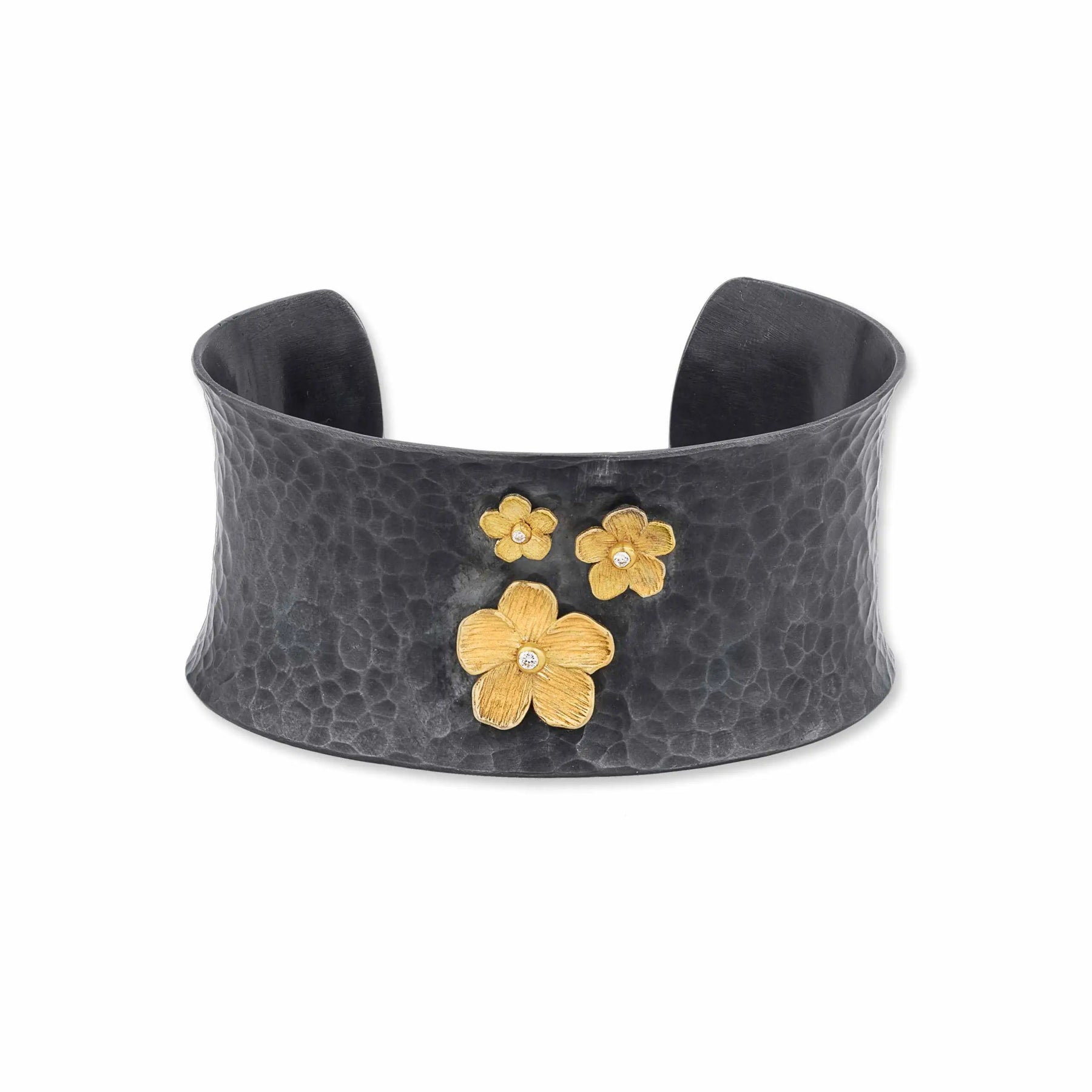 LIKA BEHAR 22K YELLOW GOLD AND OXIDIZED STERLING SILVER BUTTERCUP DIAMOND CUFF BRACELET