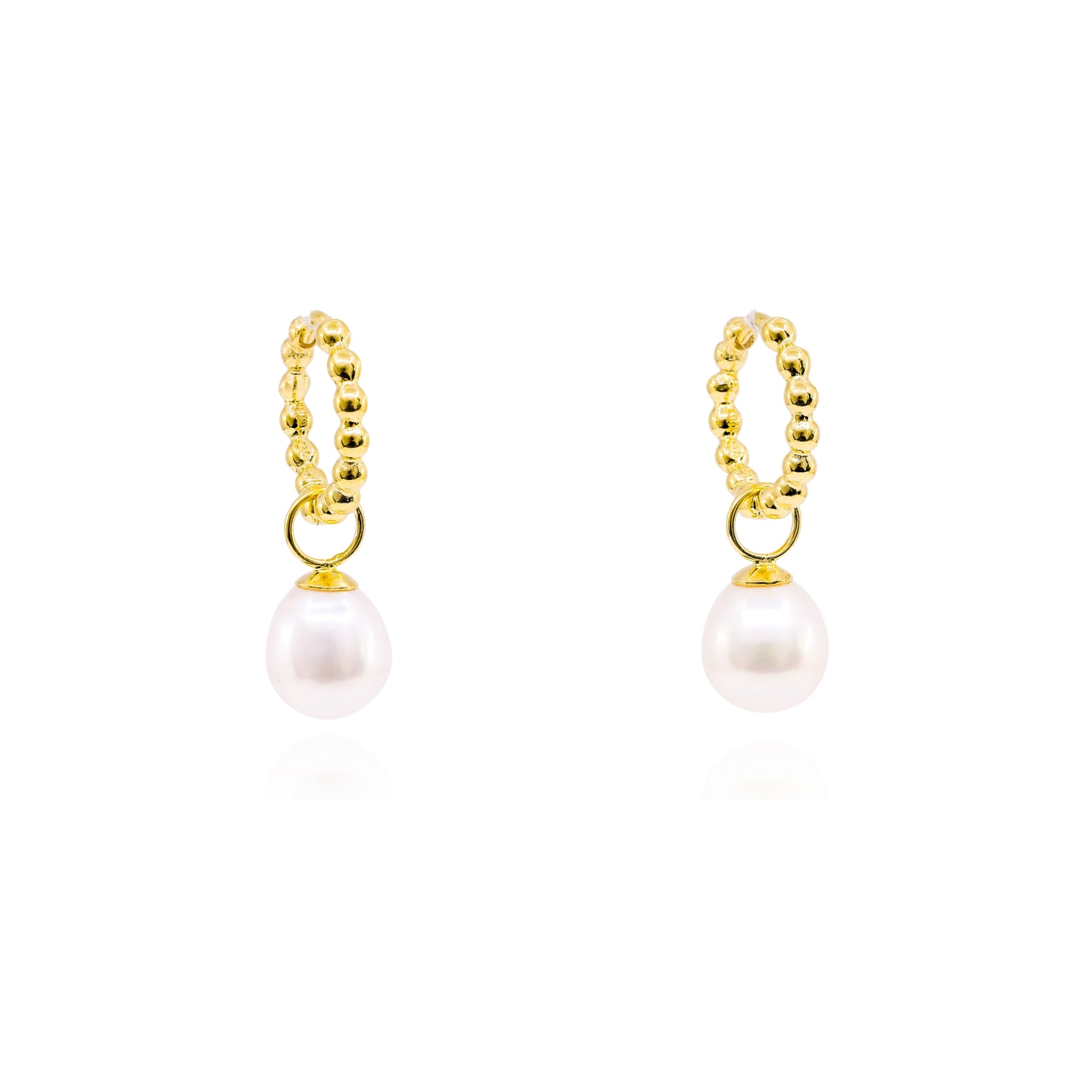 YELLOW GOLD STERLING SILVER 15MM BUBBLE HOOP EARRINGS WITH PEARL