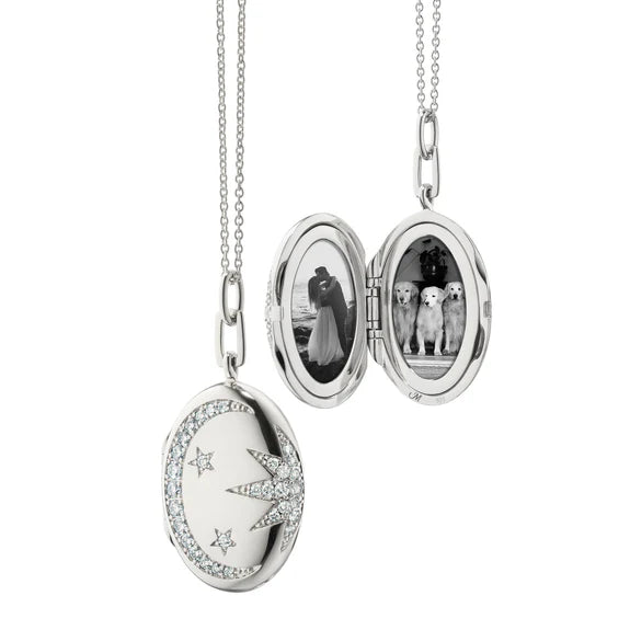 MONICA RICH KOSANN STERLING SILVER SUN, MOON, STARS WHITE SAPPHIRE LOCKET NECKLACE