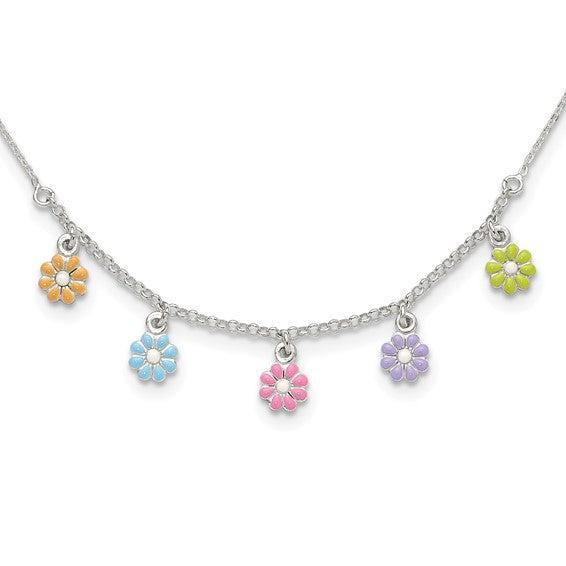 STERLING SILVER 14 INCH RAINBOW DAISY CHARM NECKLACE
