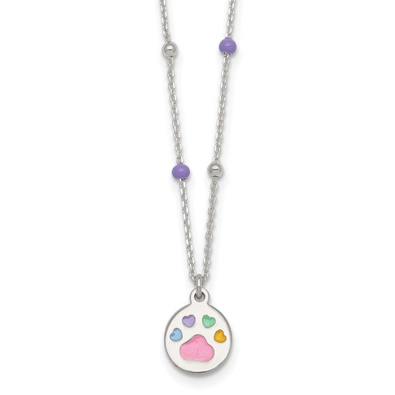 STERLING SILVER 14 INCH MULTI COLOR ENAMEL PAW PRING NECKLACE