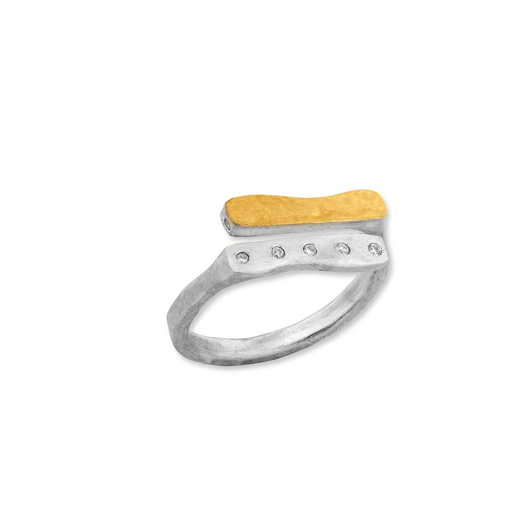 LIKA BEHAR HAMMERED FUSION 24K YELLOW GOLD AND STERLING SILVER DIAMOND BYPASS RING
