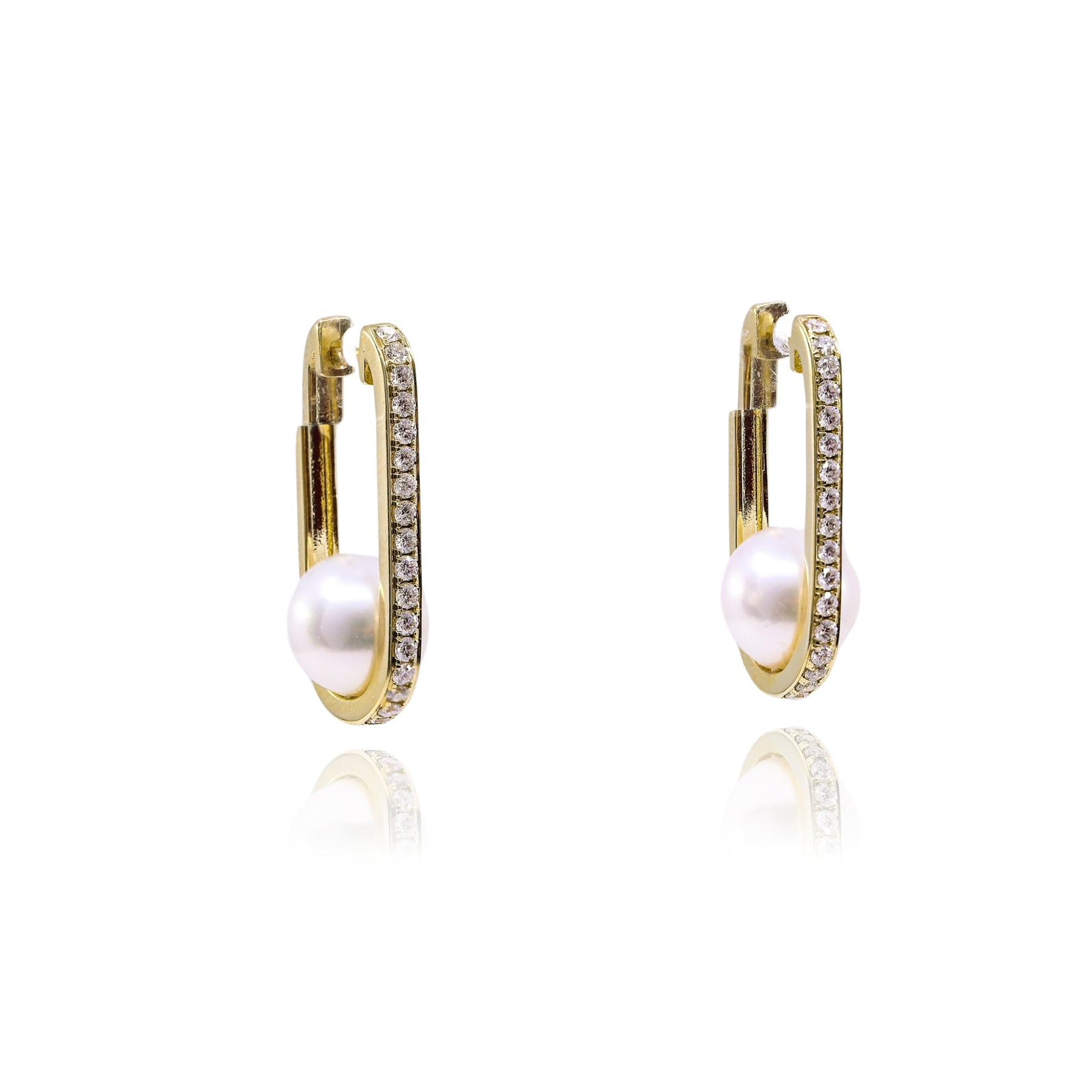14K YELLOW GOLD DIAMOND JAPANESE CULTURED PEARL U-HOOP EARRINGS - 0.53CTW  271-01750