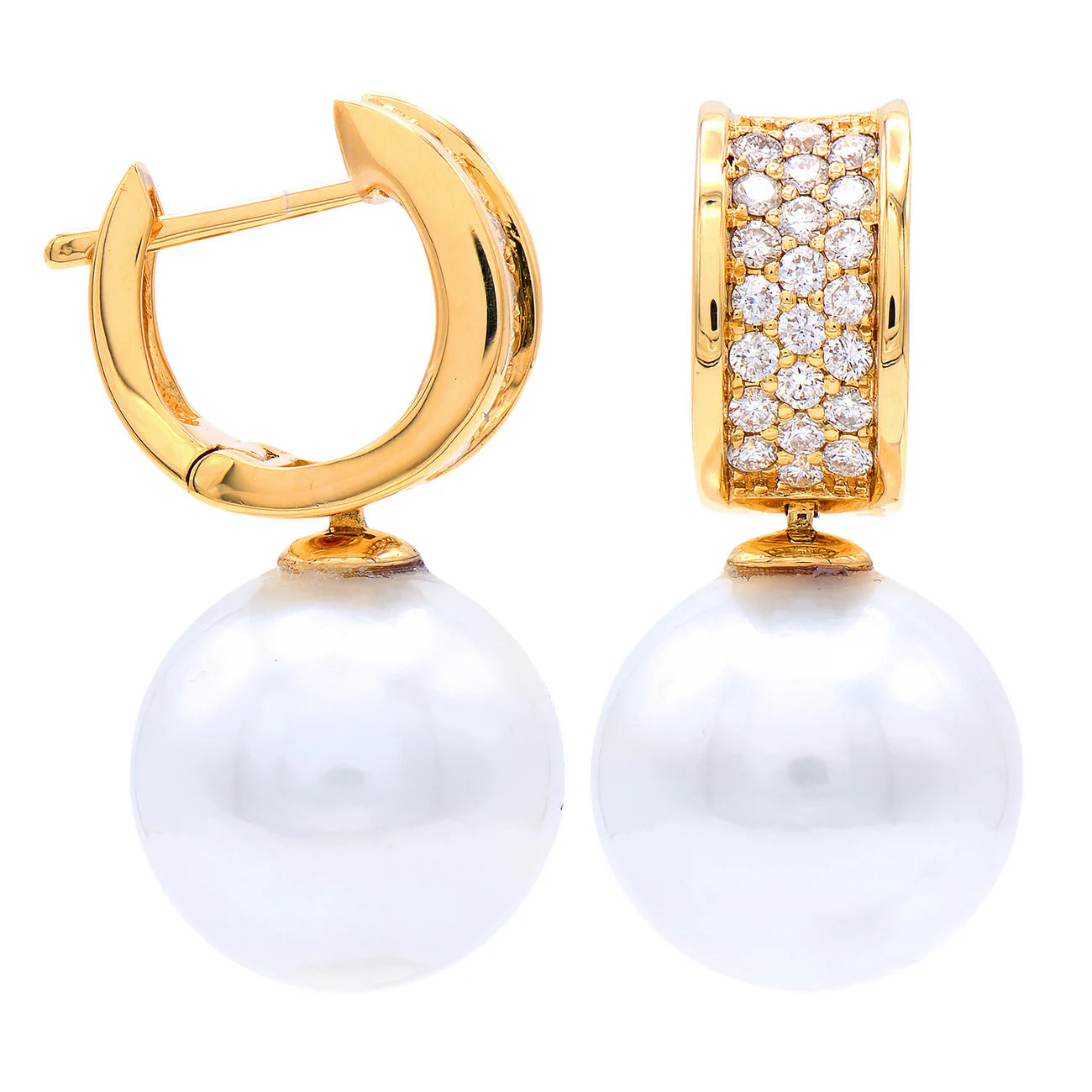 18K YELLOW GOLD PAVE HOOP EARRINGS WITH PEARL DROPS E012585Y