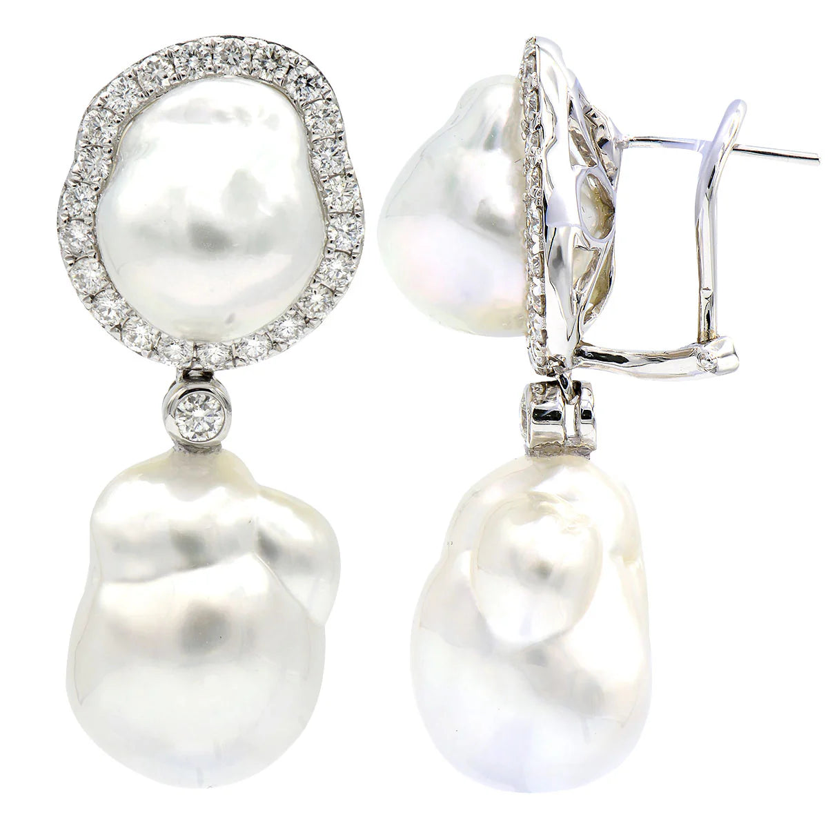18K WHITE GOLD SOUTH SEA BAROQUE PEARL AND DIAMOND DANGLE EARRINGS E12479