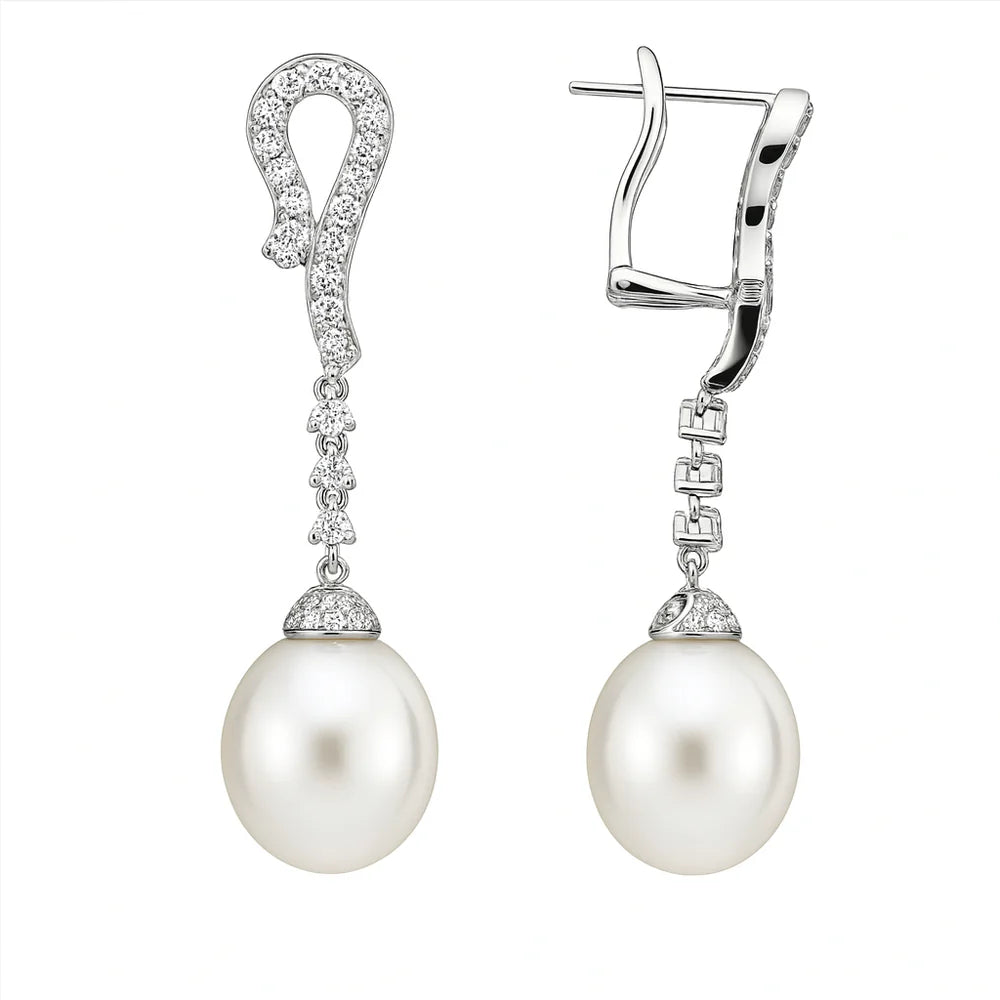 18K WHITE GOLD SOUTH SEA PEARL AND DIAMOND DANGLE EARRINGS E012144