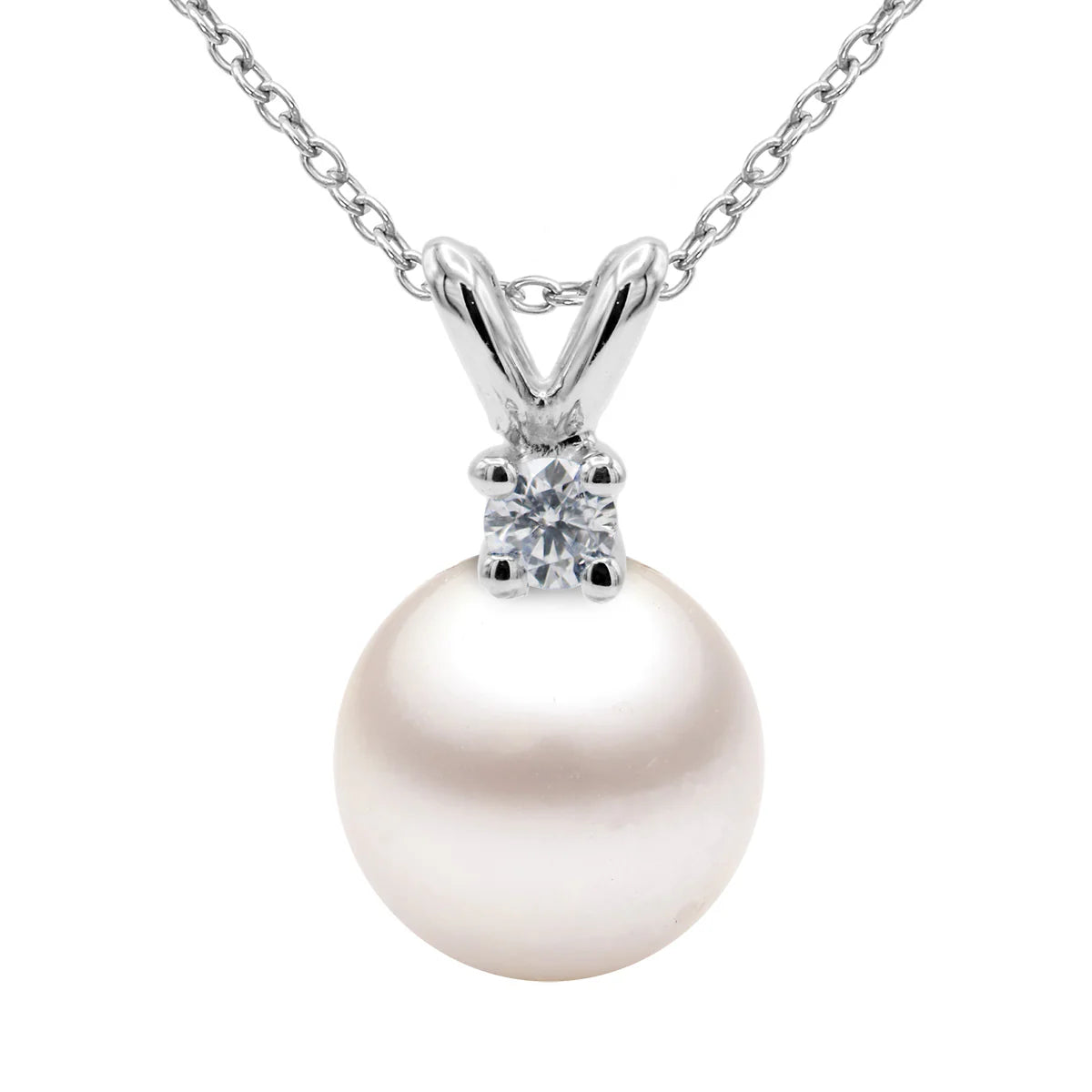 14K WHITE GOLD AKOYA PEARL AND DIAMOND ACCENT PENDANT NECKLACE P012008DW-18