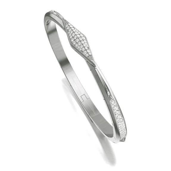 MONICA RICH KOSANN STERLING SILVER SOUTH, WEST, EAST ENGRAVED BANGLE BRACELET WITH PAVE CLASP