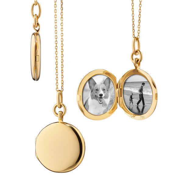 MONICA RICH KOSANN 18K YELLOW GOLD LARGE SLIM ROUND LOCKET NECKLACE