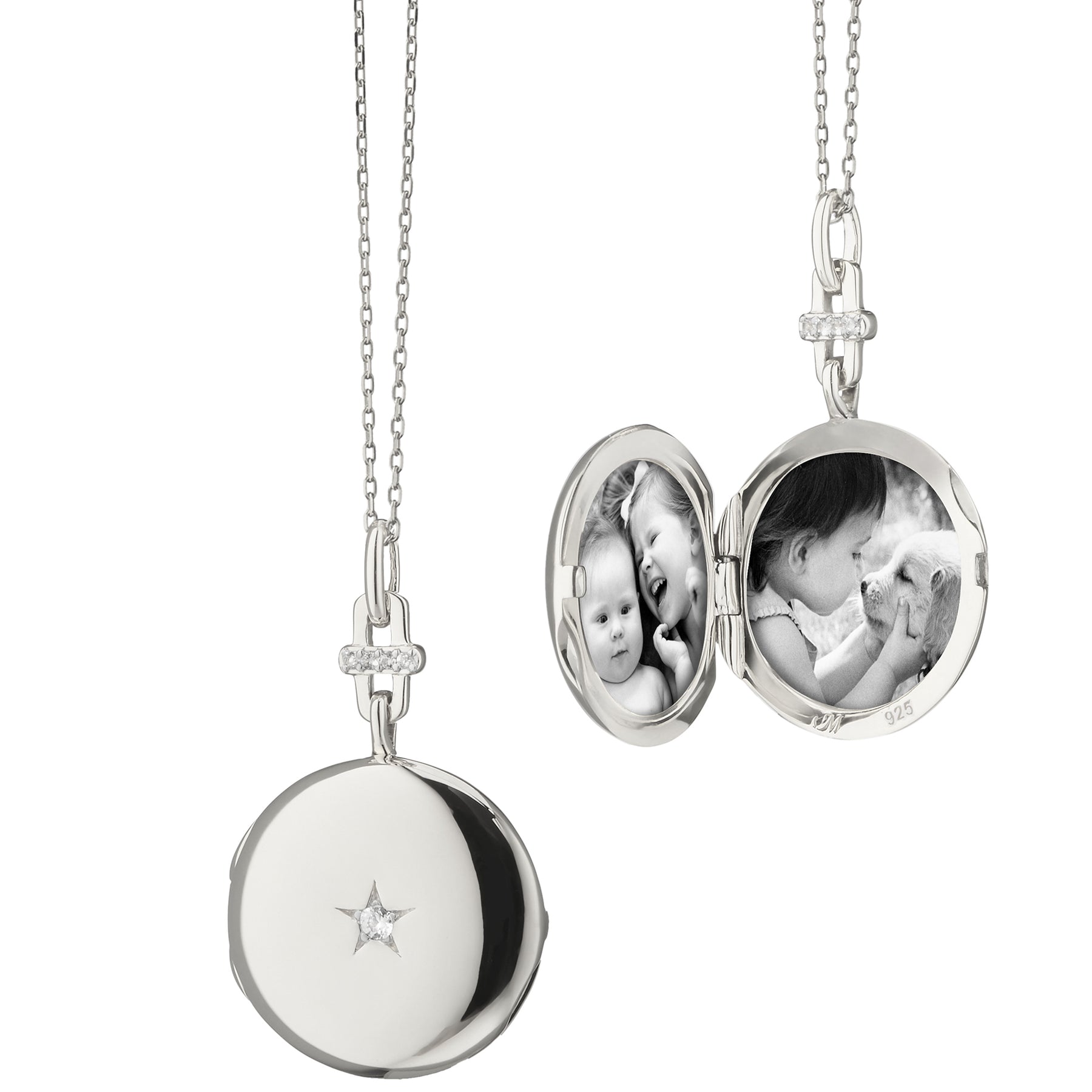 MONICA RICH KOSANN STERLING SILVER ROUND LOCKET WITH WHITE SAPPHIRE NECKLACE