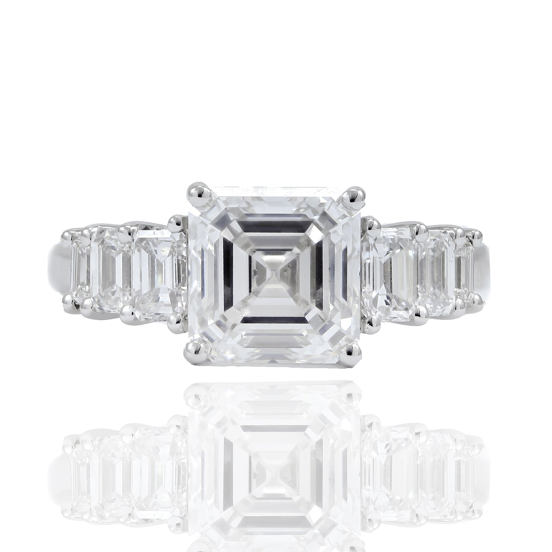 PLATINUM 3.01CT ASSCHER-CUT DIAMOND ENGAGEMENT RING WITH EMERALD-CUT SIDE DIAMONDS