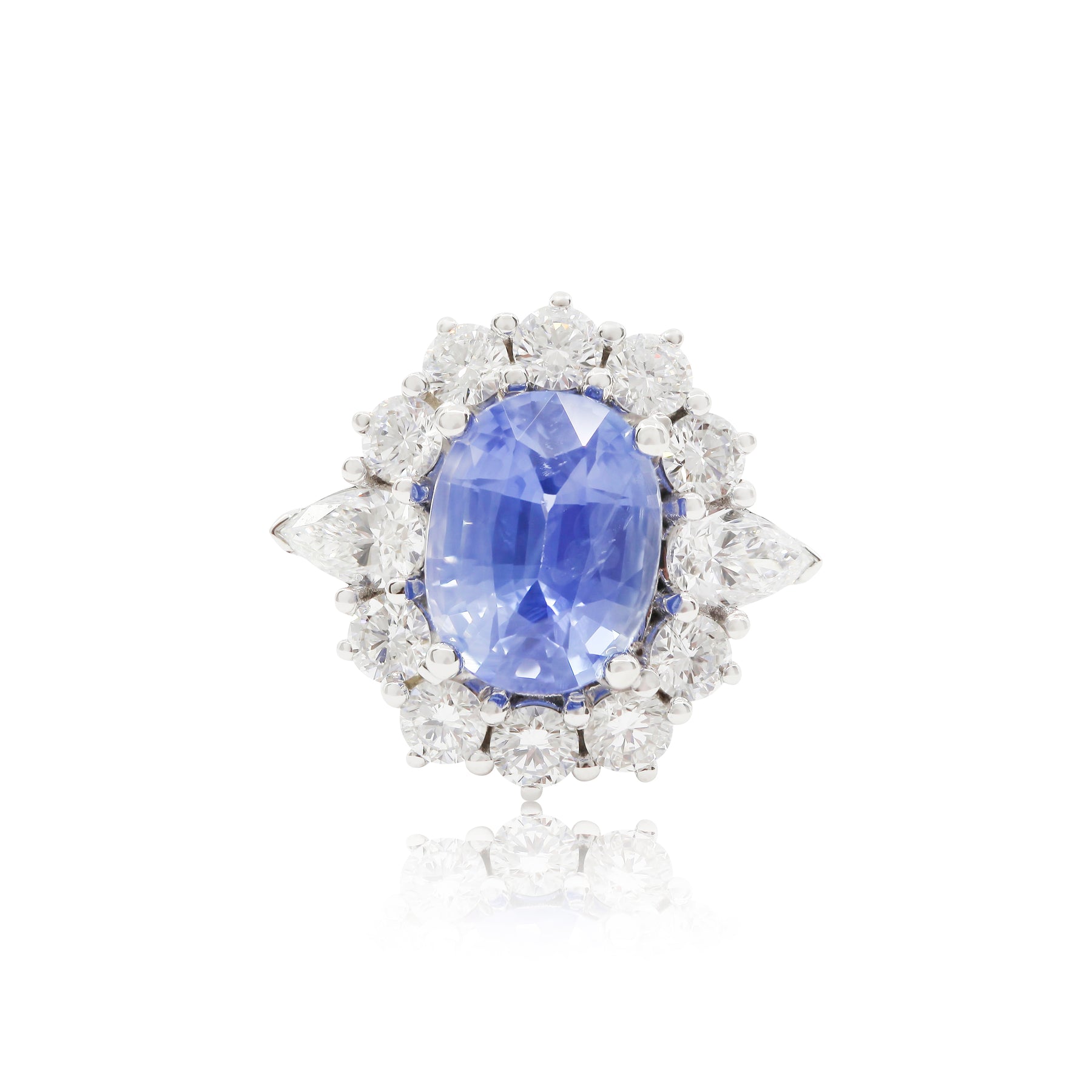 14K WHITE GOLD VIOLET-BLUE SAPPHIRE AND DIAMOND HALO STYLIZED RING