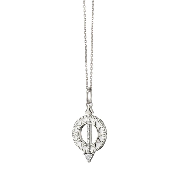 MONICA RICH KOSANN STERLING SILVER WHITE SAPPHIRE AND ROCK CRYSTAL SUNDIAL CHARM NECKLACE