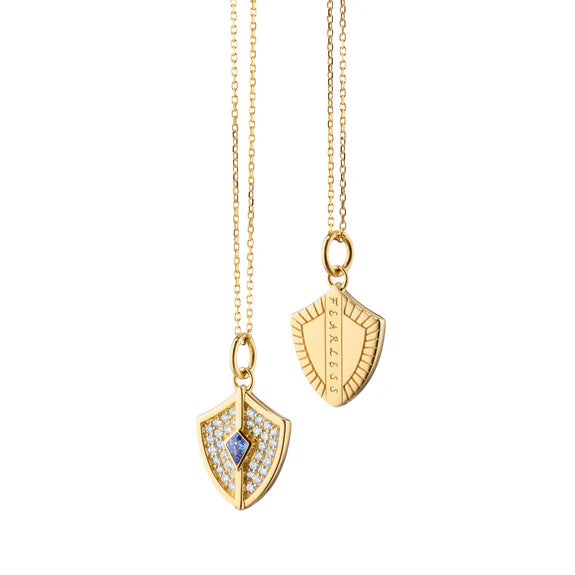 MONICA RICH KOSANN 18K YELLOW GOLD FEARLESS SHIELD CHARM NECKLACE WITH DIAMONDS