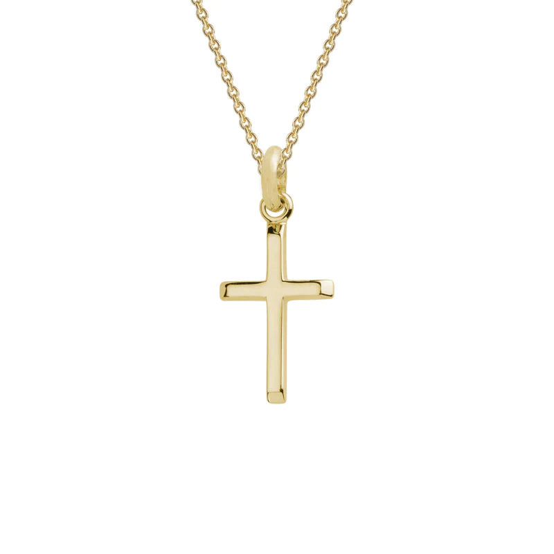 14K YELLOW GOLD 15MM BEVELED CROSS PENDANT NECKLACE