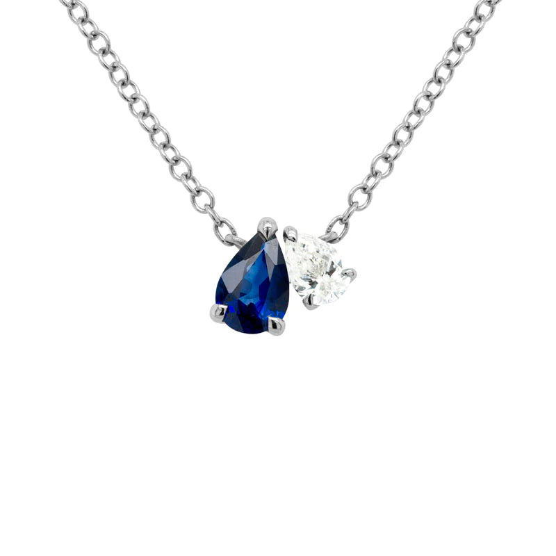 14K white gold teardrop sapphire and diamond pendant necklace